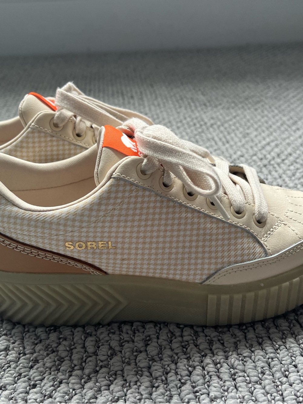 Sorel Cream Gingham Low-Top Sneaker with Orange Tab